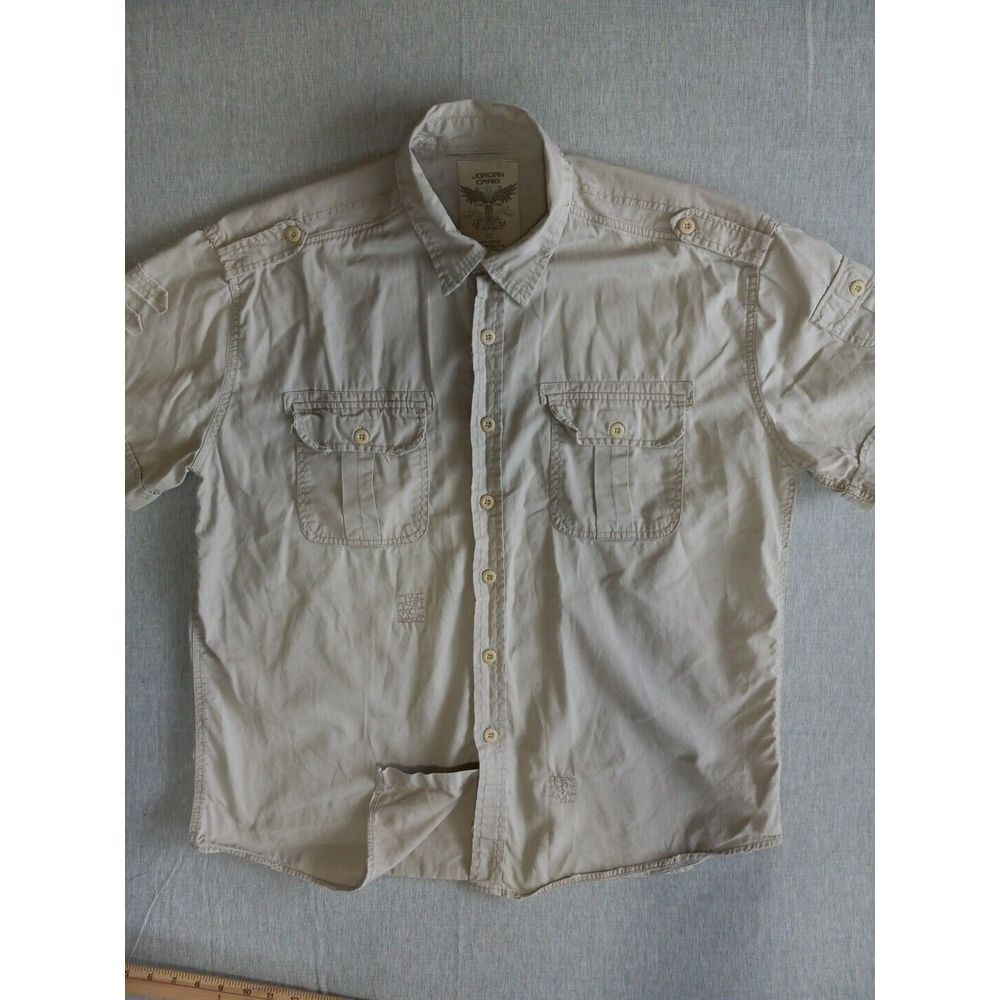 Jordan Craig Men's XL Short Sleeve Buttons Safari Military Beige Ripped Shirt